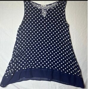 Ava James Women's Top Large Navy Blue‎ White Polka Dot Sleeveless Chiffon Hem